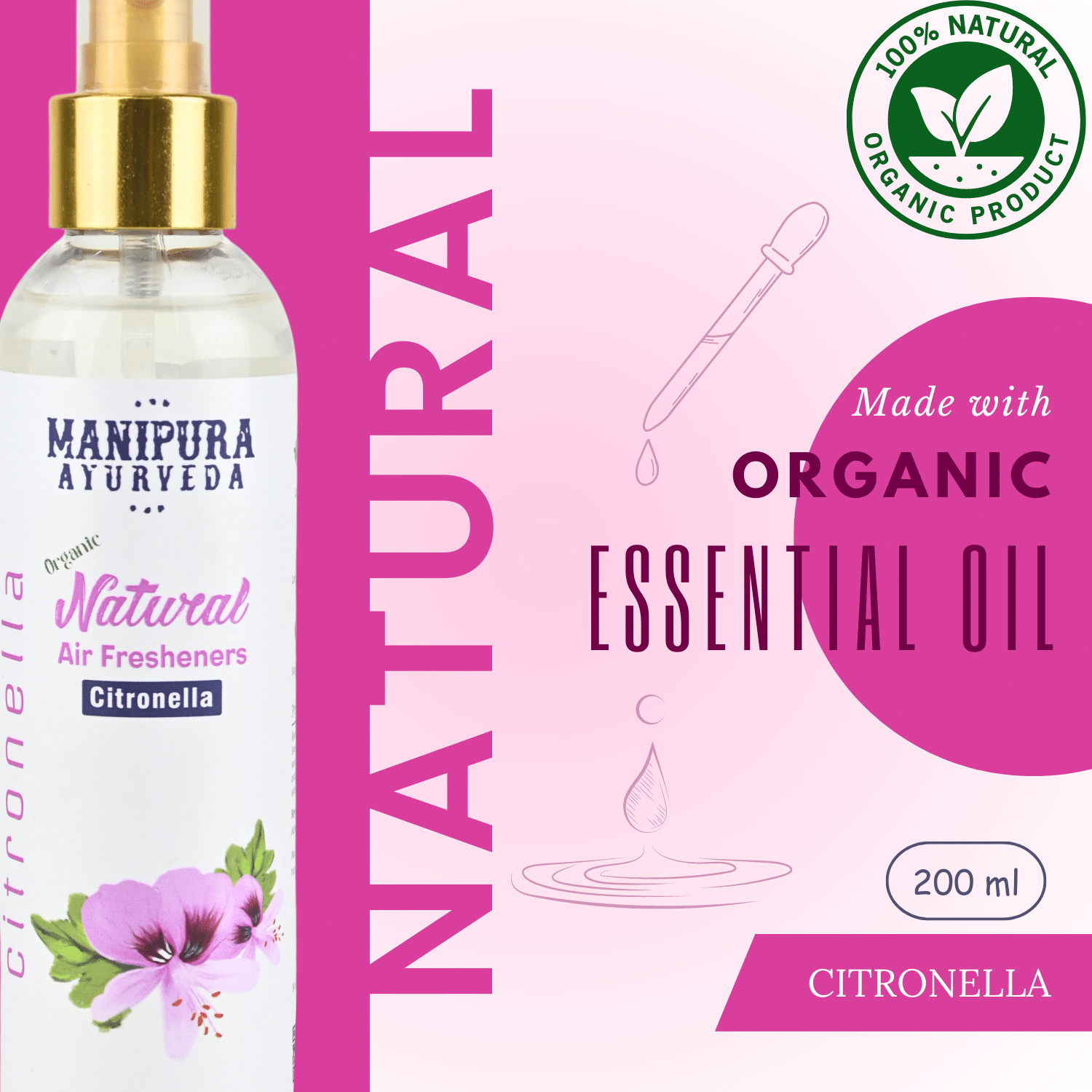 Manipura Ayurveda Pure Organic Citronella Air Freshener Spray made with Organic Essential Oil