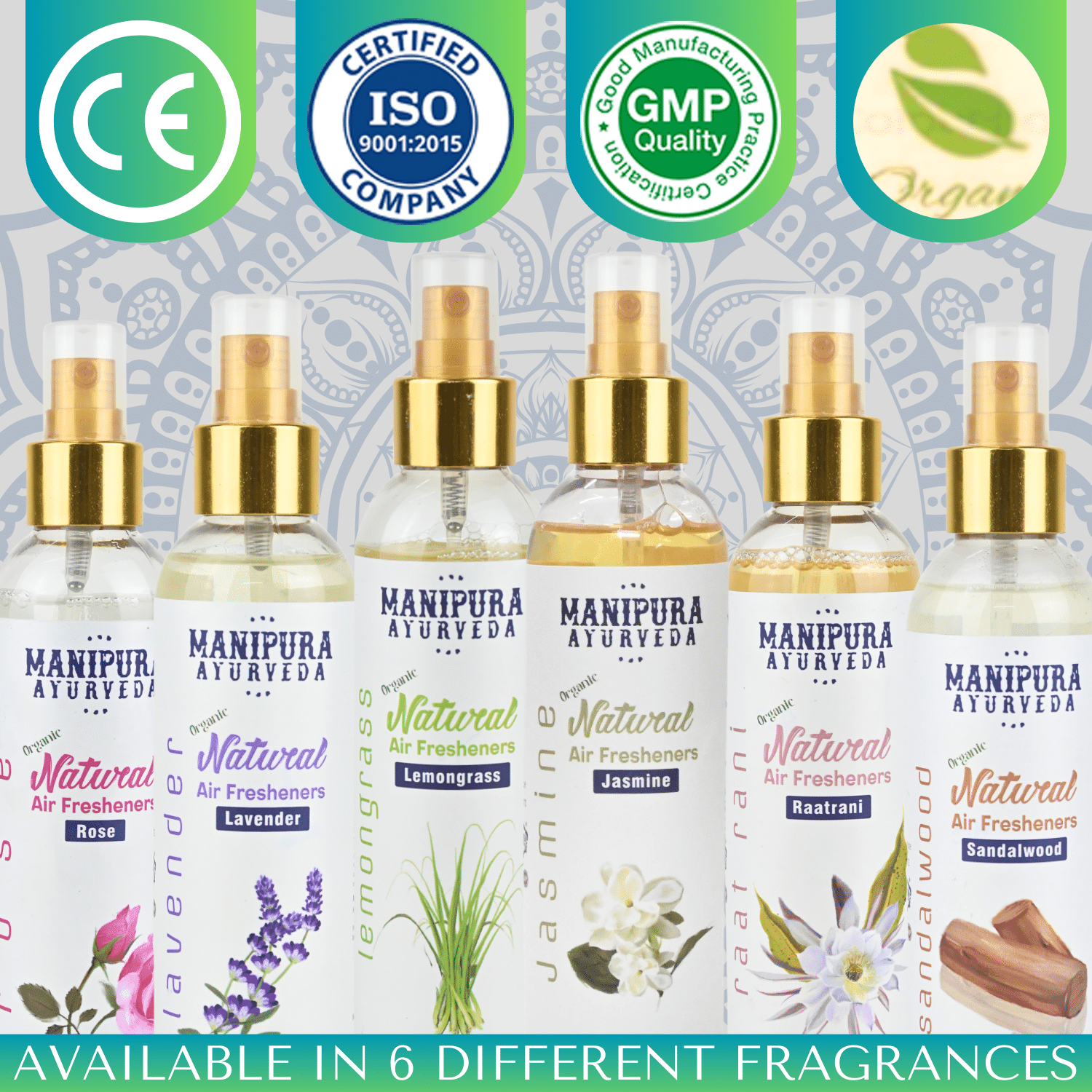 Manipura Ayurveda Pure Organic Air Freshener Spray available in 6 different fragrances