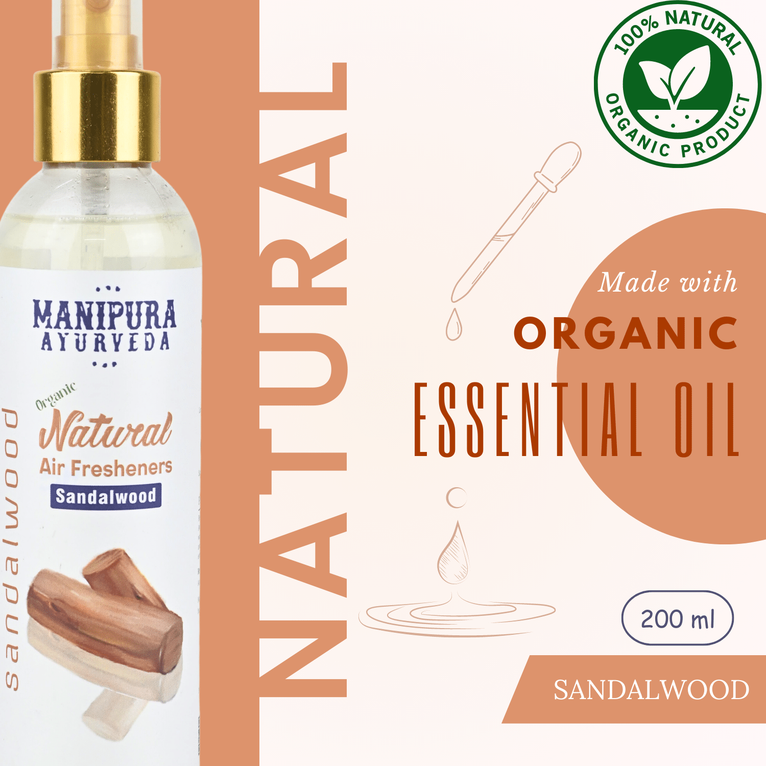 Manipura Ayurveda Pure Organic Sandalwood Air Freshener Spray attributes made with organic essential oil