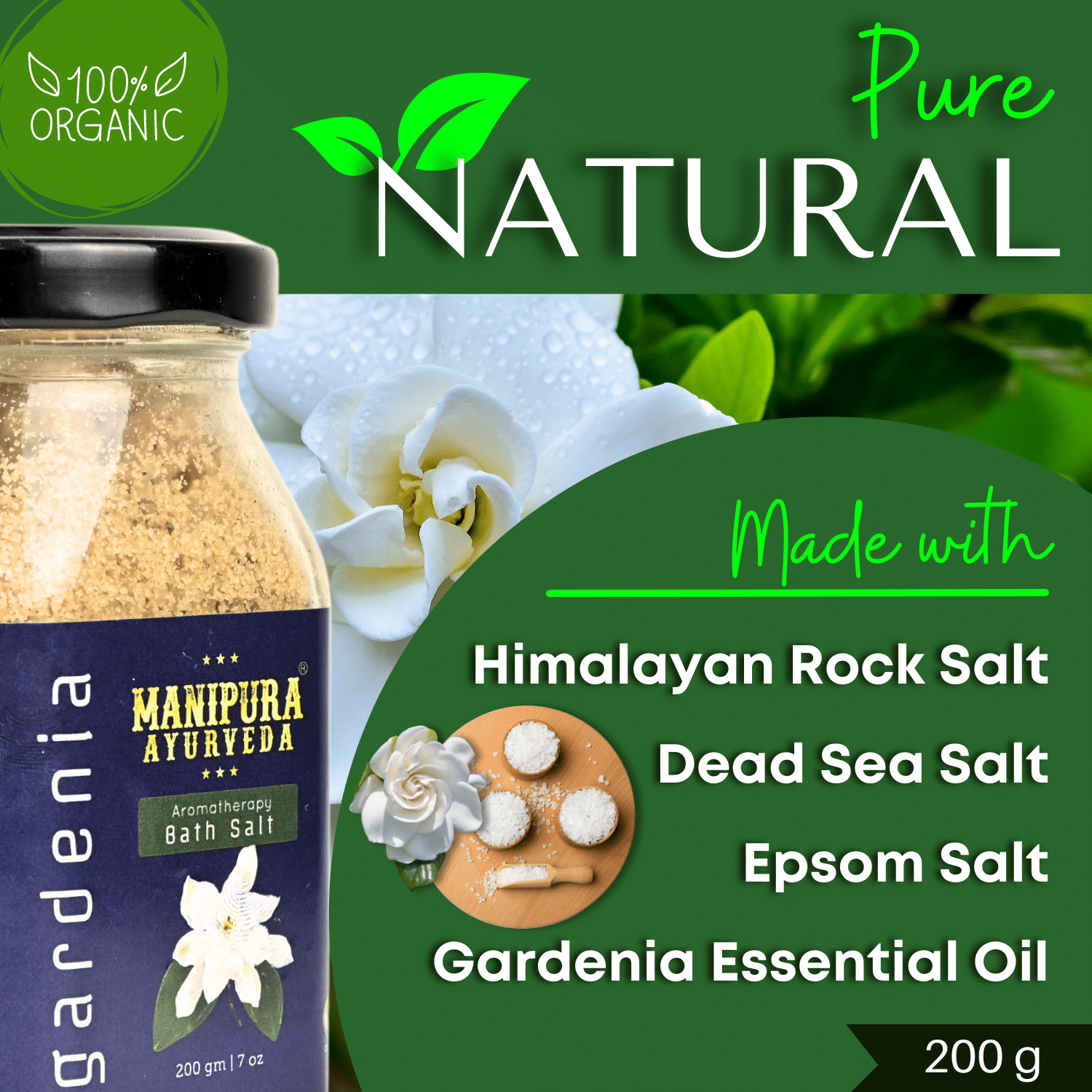 Manipura Ayurveda Aromatherapy Pure Natural Bath Salts - Gardenia